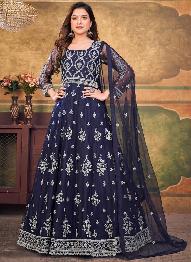 Net Navy Blue Wedding Wear Embroidery Work Gown With Dupatta